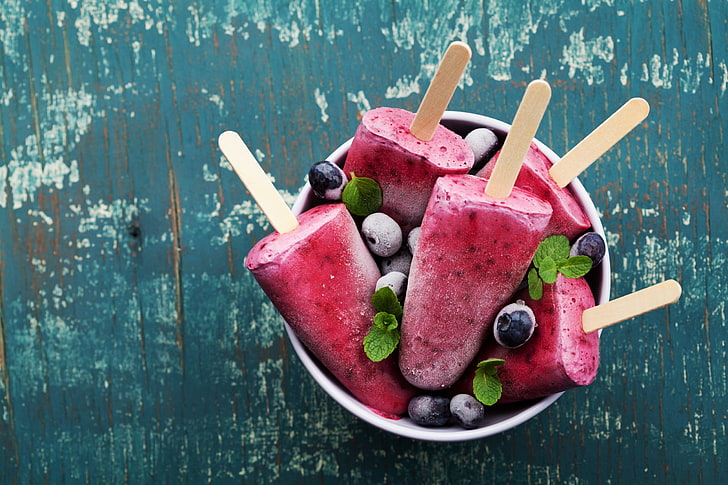 dessert, fruit, popsicle, food, blueberries, sweets, wooden surface