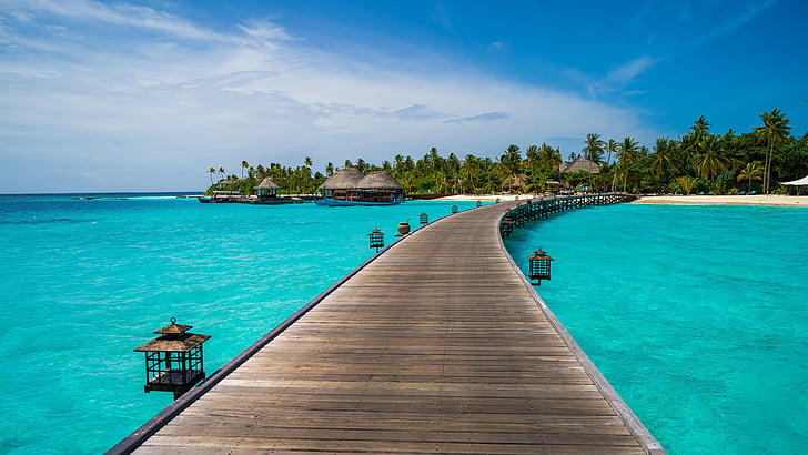 tropical landscape, maldives, bungalow, pier, indian ocean
