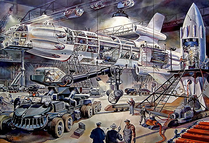 science fiction, artwork, retro science fiction, metal, day, HD wallpaper