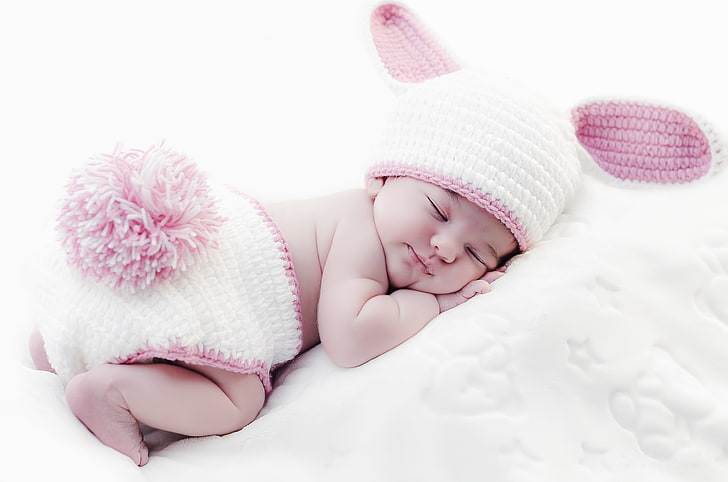 4K, Rabbit, Sleeping baby, Crochet baby costume, HD wallpaper
