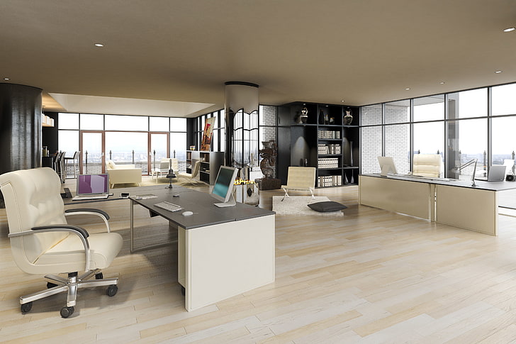 white wooden desk, interior, office, Penthouse, cottage, modern