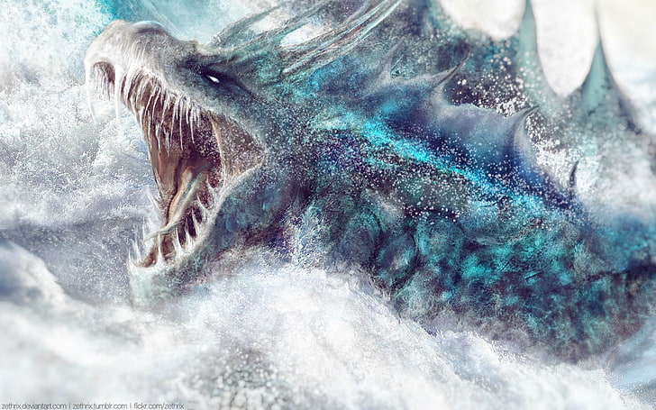 fantasy art, sea monsters, cyan, creature, fangs, water, splashes, HD wallpaper