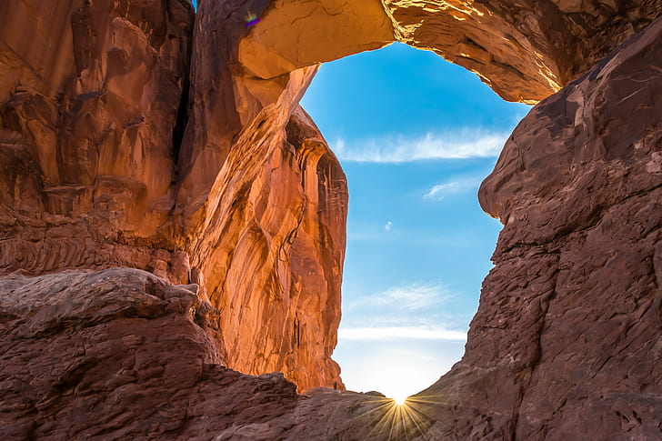 brown rocky mountain during day time, Double Arch, Arches National Park, HD wallpaper