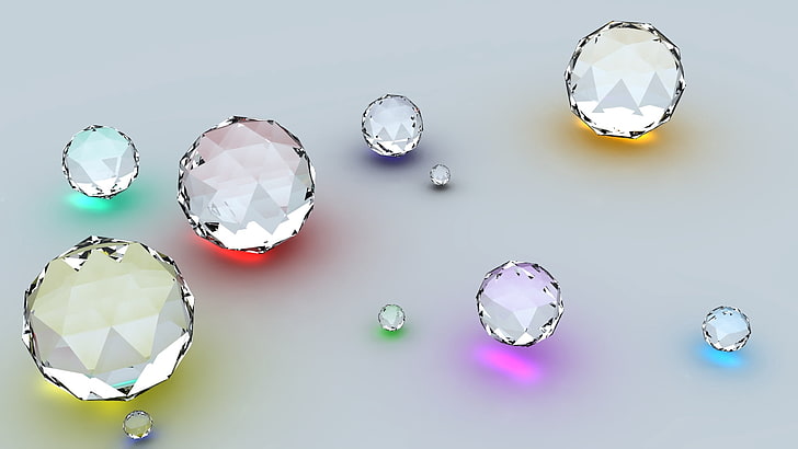 clear gemstone lot, diamonds, shape, reflection, surface, sphere