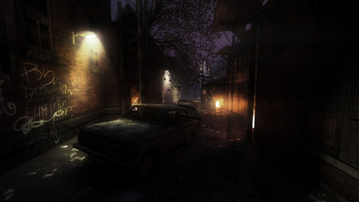 Half-Life 2, Ravenholm, night, illuminated, building exterior