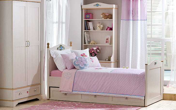 Pink bedroom, white wooden bed with pink bed cover, photography