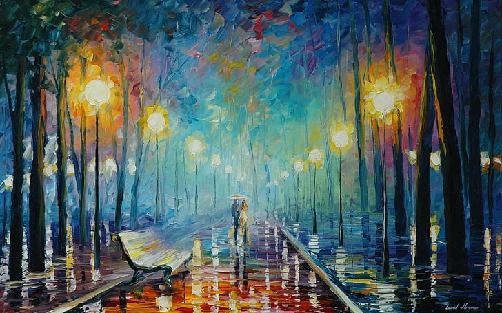 rain, umbrella, lovers, painting, trees, street light, HD wallpaper