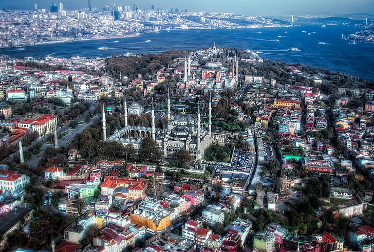 aerial city, HDR, panorama, Istanbul, Turkey, Sultanahmet Mosque