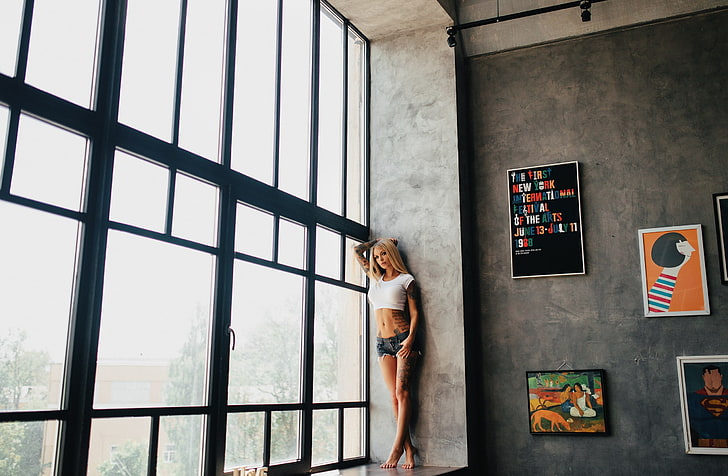 women, belly, tattoo, jean shorts, window, door, pierced navel, HD wallpaper