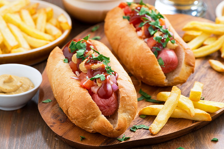 two hotdog sandwiches, sausage, buns, Fast food, food and drink, HD wallpaper