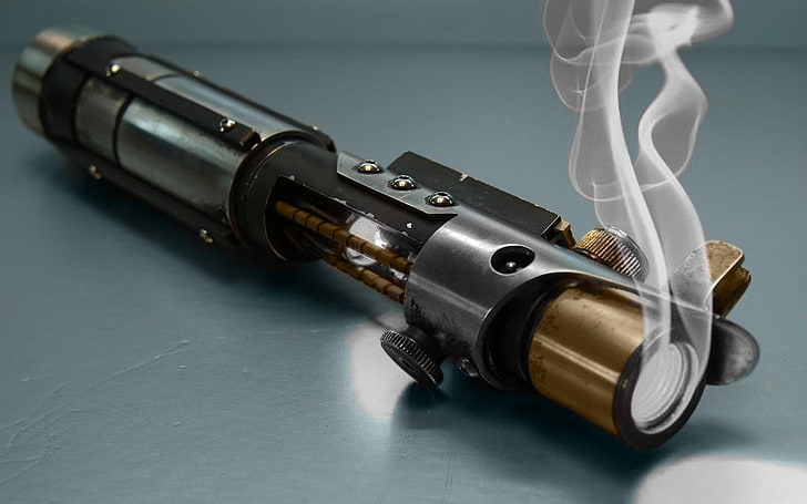 black and gold heat gun, Star Wars, lightsaber, smoke, weapon