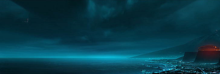 ocean and mountain, Tron, movies, Tron: Legacy, night, illuminated, HD wallpaper