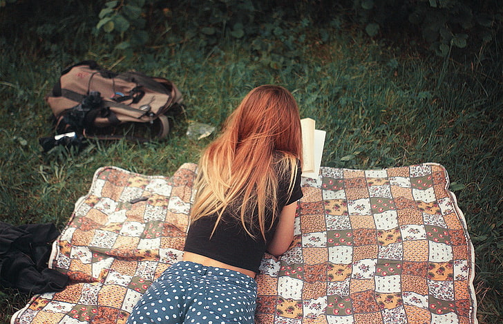 women, redhead, back, lying on front, books, reading, picnic