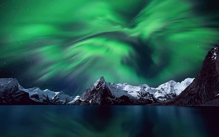 aurora borealis, stars, space, planet, mountains, snowy peak, HD wallpaper