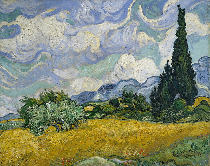 trees and grasses painting, vincent van gogh, wheat field with cypresses