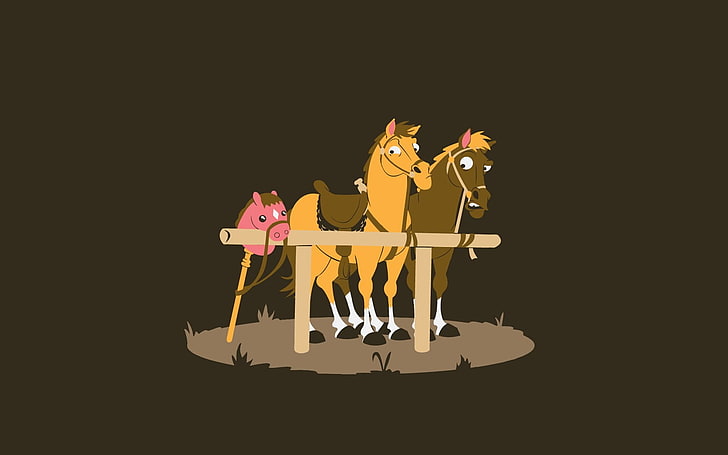 three horse clip arts, humor, simple, minimalism, toys, brown background, HD wallpaper