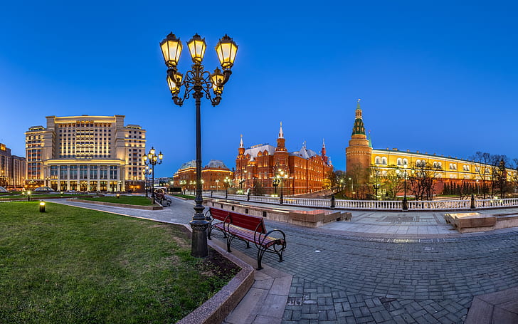 Manezh Square, Moscow, Russia, Kremlin, lights, night, HD wallpaper