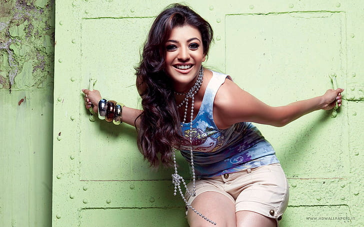 Kajal Agarwal Indian Actress, women's blue tank top and brown shorts outfit, HD wallpaper