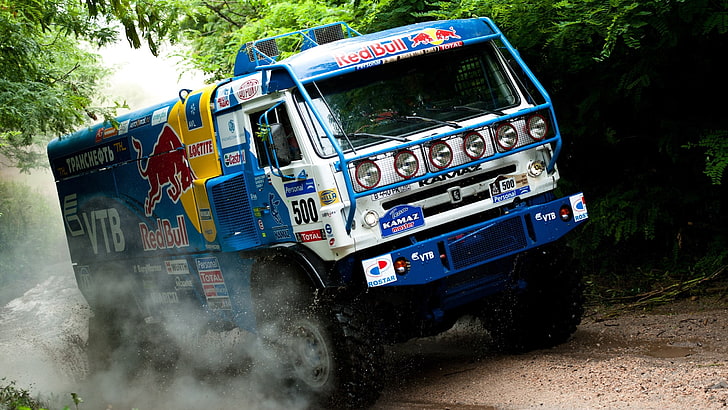 blue and white truck, car, rally cars, racing, vehicle, transportation, HD wallpaper