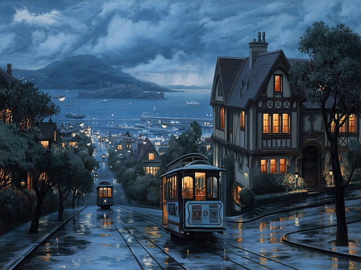 train near house wallpaper, painting, San Francisco, artwork, HD wallpaper