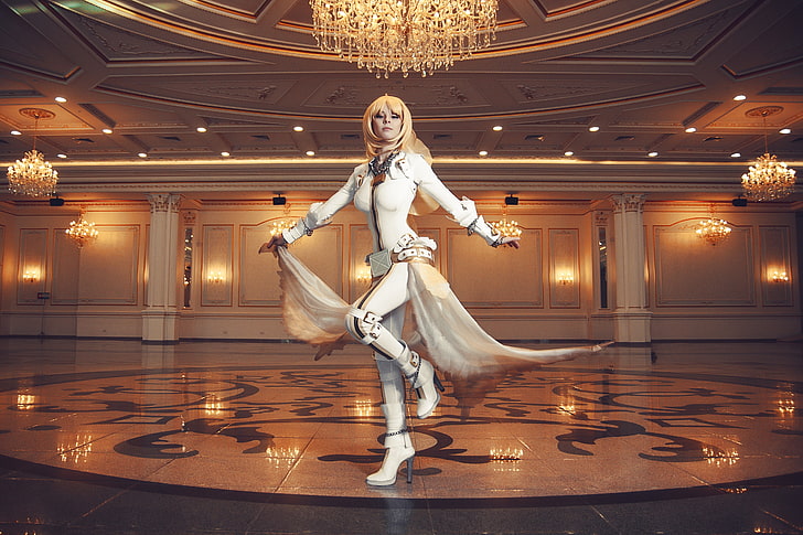 women's white top, suits, boots, cosplay, Saber Bride, long hair