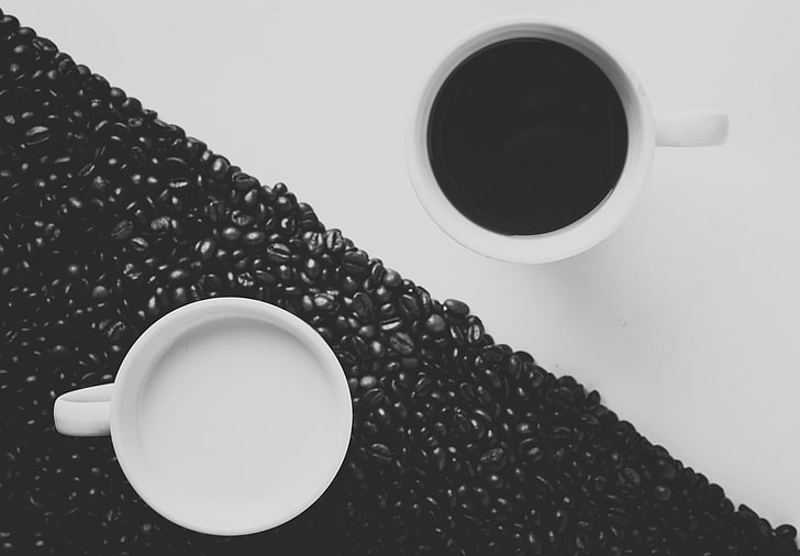 two white and black ceramic bowls, nature, coffee, Yin and Yang
