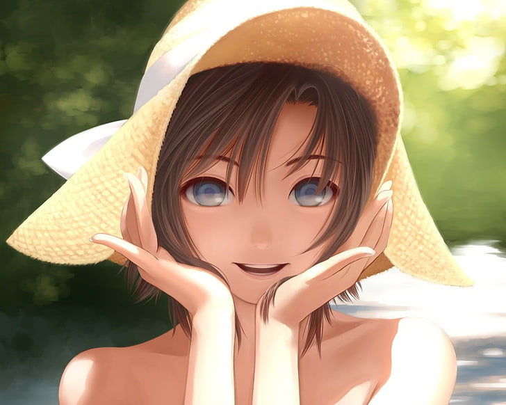 girl wearing sun hat anime character, straw hat, blue eyes, dark hair