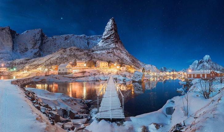 nature, landscape, winter, snow, lake, night, hills, Norway