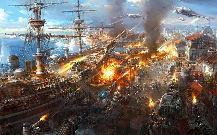 artwork, battle, fantasy art, steampunk, battleships, aircraft