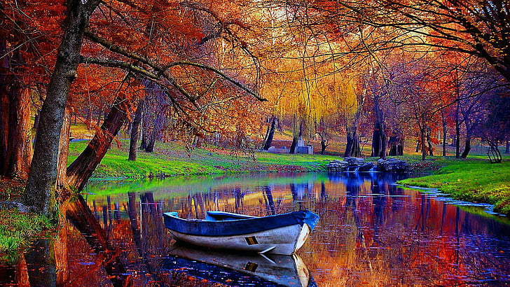 reflection, waterway, leaves, autumn, tree, bank, bayou, boat