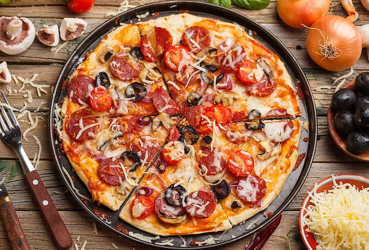 pizza, fast food, top view, cheese, vegetables, food and drink