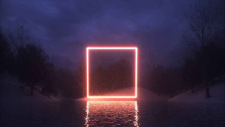 square orange light, body of water during night time, neon, reflection, HD wallpaper