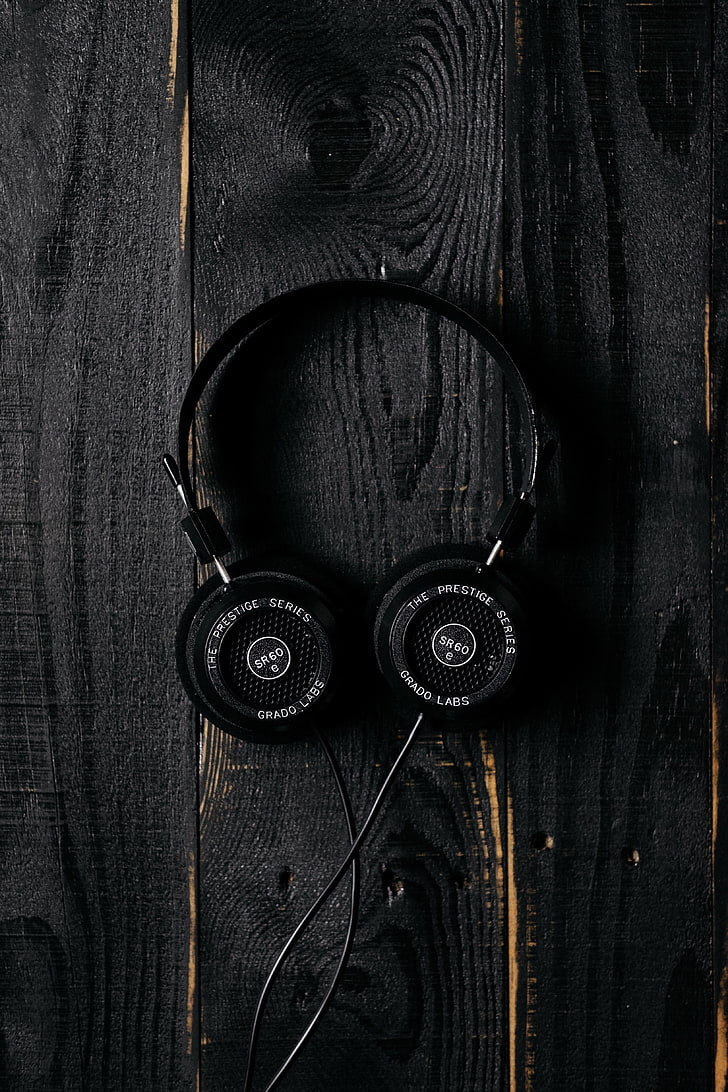 black corded headphones, surface, wooden, dark, sport, wood - Material