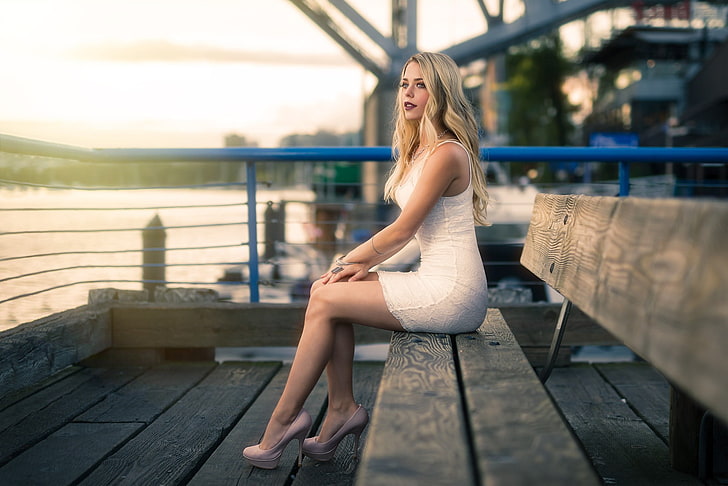 women's white sleeveless dress, model, blonde, blue eyes, high heels, HD wallpaper