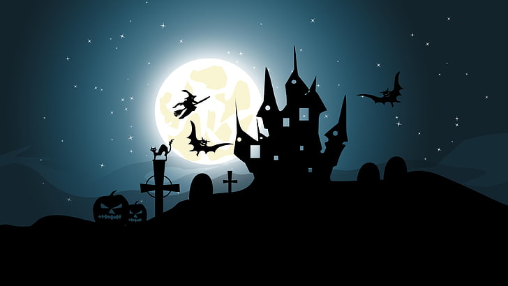 halloween, witch, full moon, darkness, night, cemetery, silhouette, HD wallpaper