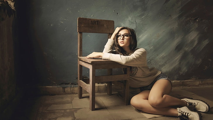 women, model, glasses, chair, wall, Asian, on the floor, women with glasses