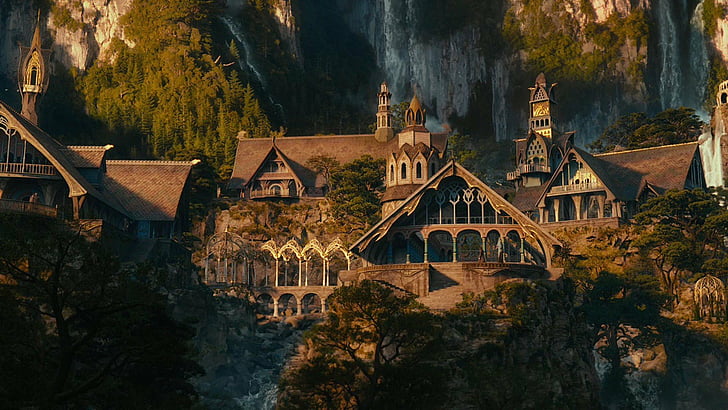 fictional, hobbit, houses, landscapes, movies, rivendell