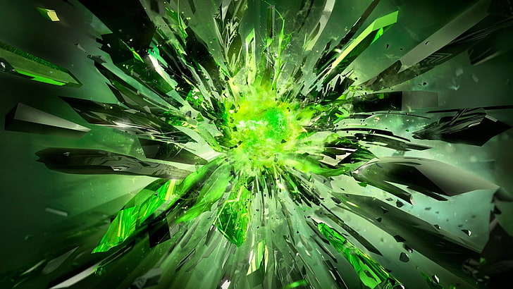 green broken 3D wallpaper, crystal, explosion, abstract, digital art