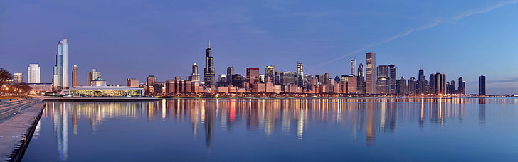 skyline photo of a city, Chicago, Illinois, USA, reflection, multiple display, HD wallpaper