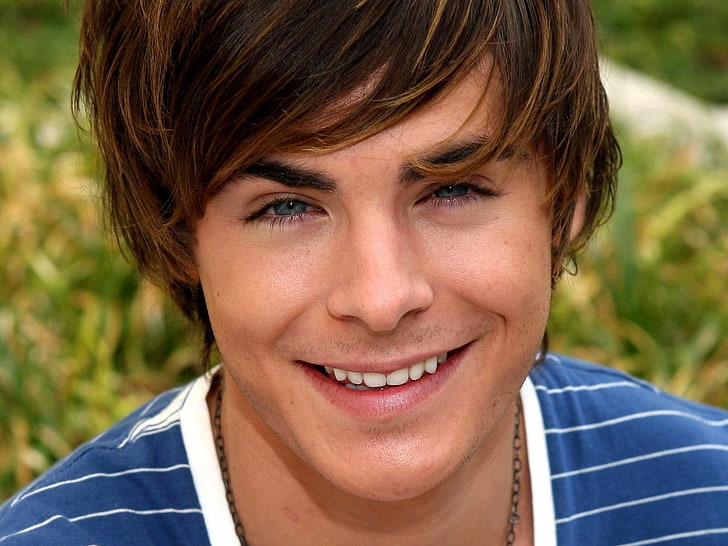 men's blue and white striped top, zac efron, eyes, smile, chain, HD wallpaper