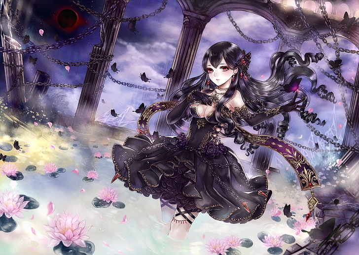 anime girl, lolita, gothic, chains, dark theme, butterfly, art and craft