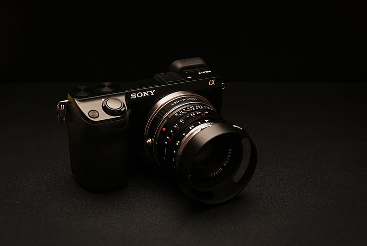 black Sony DSLR camera, background, NEX-7 Golden Brown Edition