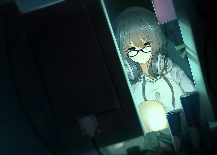 HD wallpaper: anime girl, computer, glasses, headset, brown hair, hoodie |  Wallpaper Flare