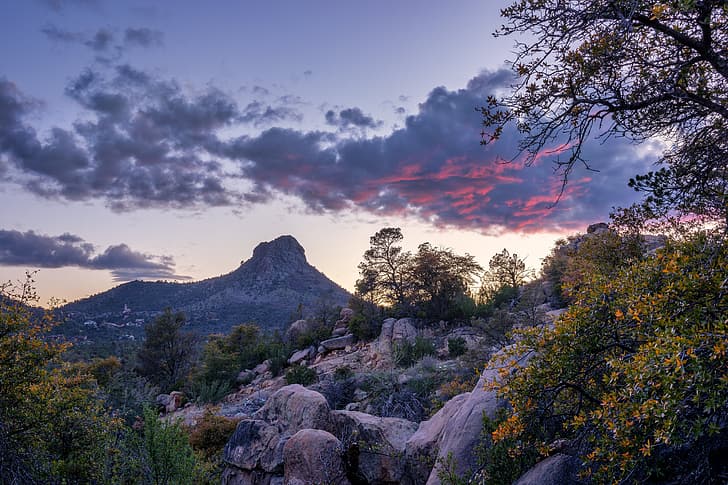 clouds, trees, mountains, rocks, USA, Arizona, Prescott
