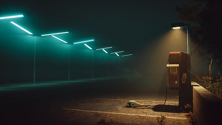 cyberpunk, electricity, lights, dark, Simon Stålenhag, HD wallpaper