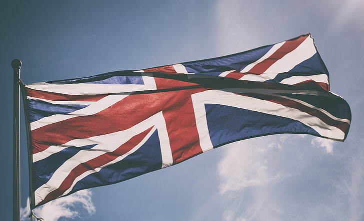 flag, sky, UK, Union Jack, patriotism, wind, low angle view
