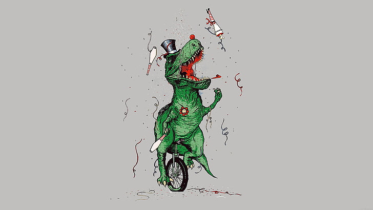 animated T-rex juggling while riding the unicycle, digital art