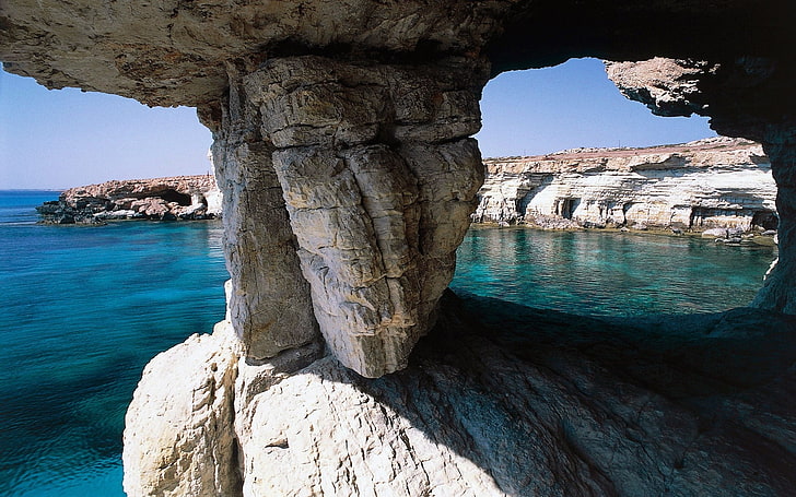 cave, rock, sea, cliff, Cyprus, beach, island, nature, landscape, HD wallpaper