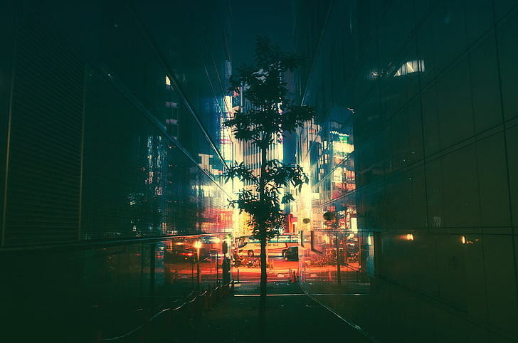 silhouette of tree, Japan, night, neon, Masashi Wakui, architecture, HD wallpaper