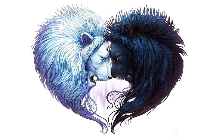black and white lions illustration, digital art, black lion, women